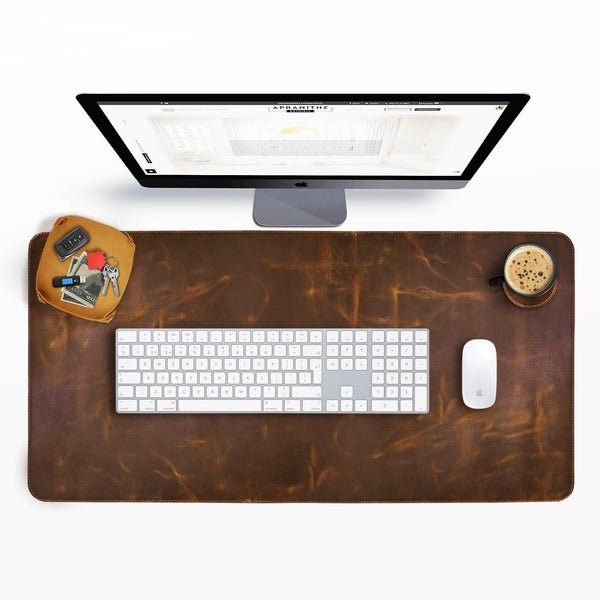 ELIZO full-grain leather desk pad set with matching valet tray and coaster, styled on a desk