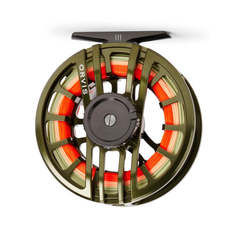 Orvis Hydros III fly reel, olive, loaded with orange fly line