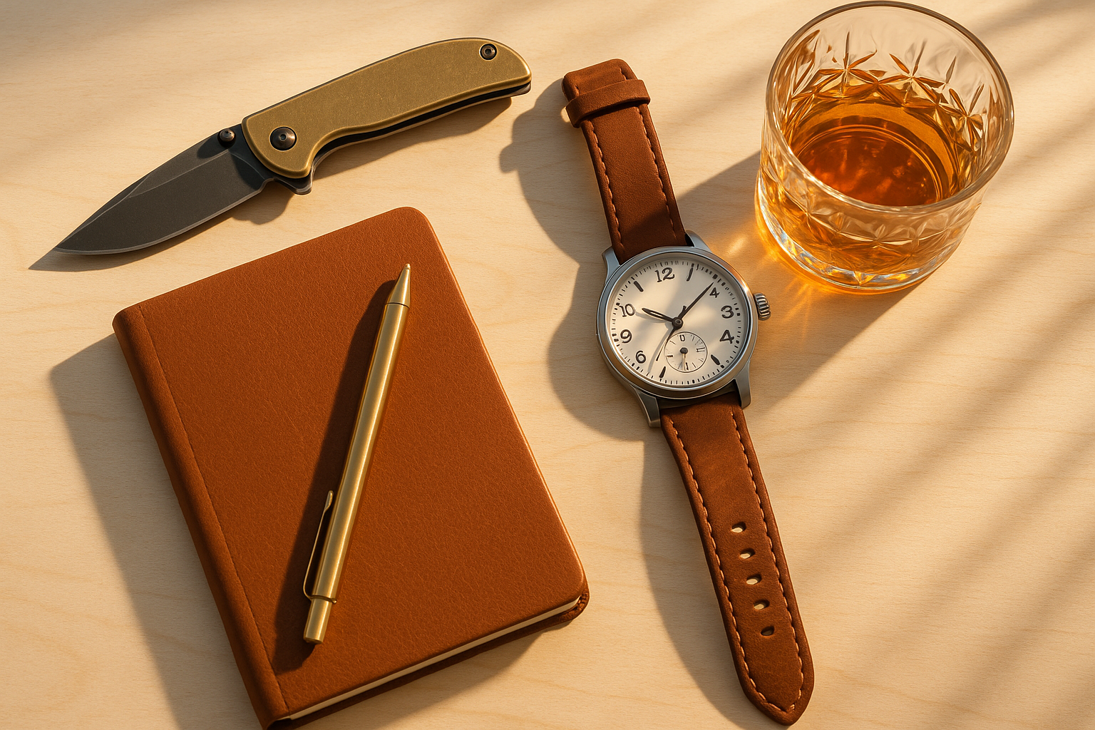 Brass EDC knife, leather watch, notebook and pen, and a glass of bourbon on bright sunlit wood