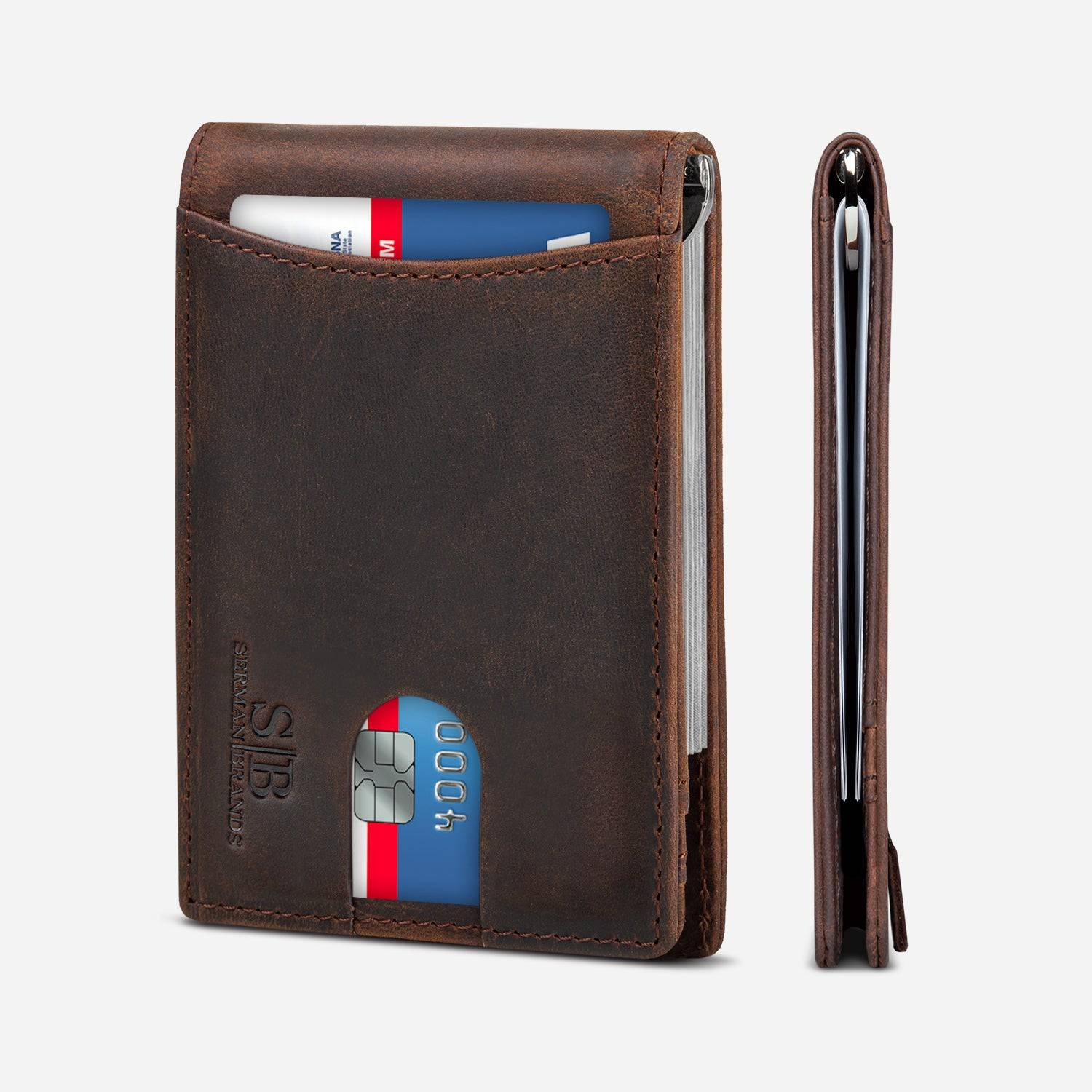 Serman Brands slim bifold full-grain leather wallet in Texas Brown, front and side profile