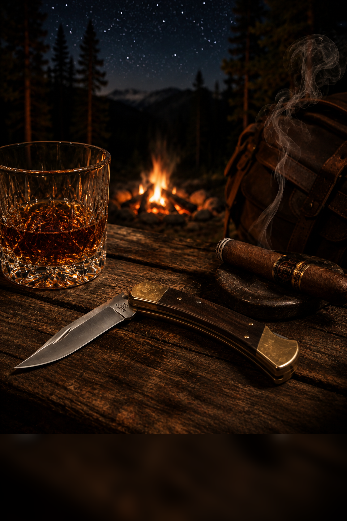 Folding hunting knife, whiskey glass, and cigar on a wooden table by a campfire under a starry night sky