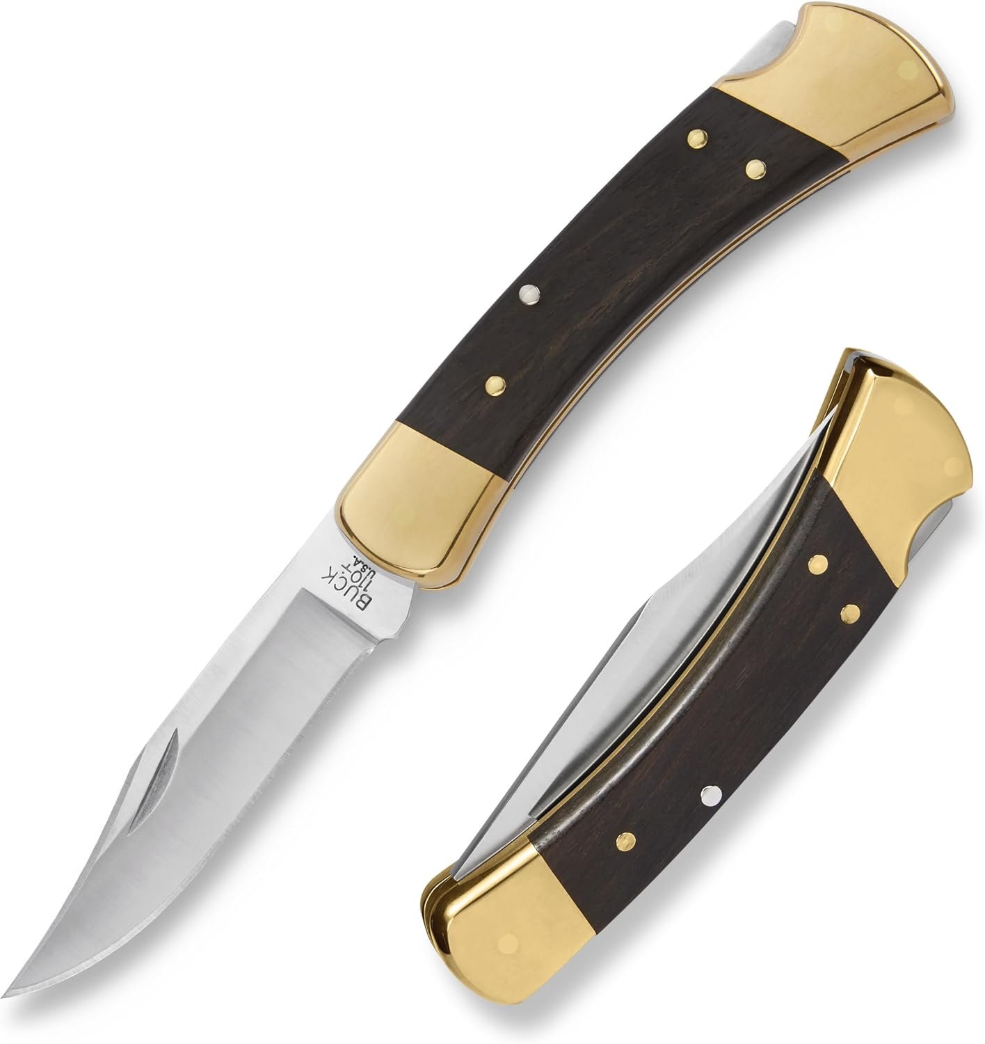 Buck 110 Folding Hunter knife, open and closed, brass bolsters and ebony wood handle, real Amazon listing photo