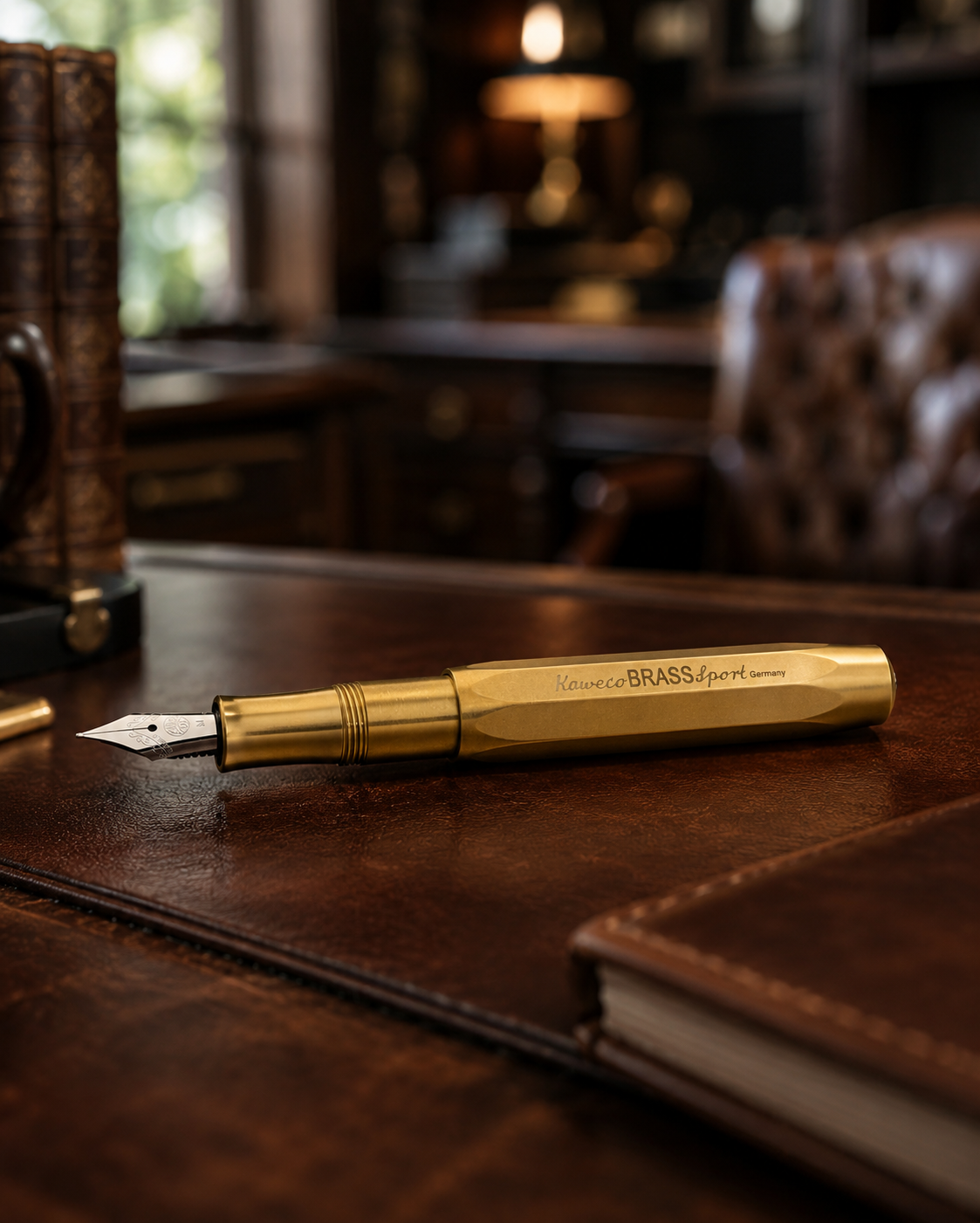 Kaweco Brass Sport fountain pen resting on a leather desk pad, warm library lamp light in the background