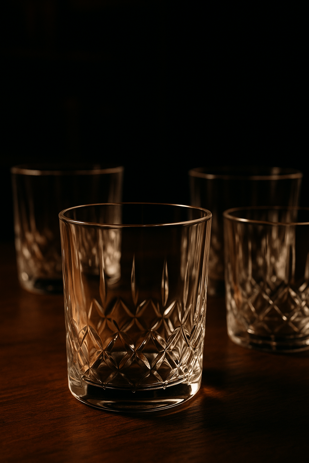 Set of four crystal old fashioned whiskey glasses with classic diamond-cut pattern
