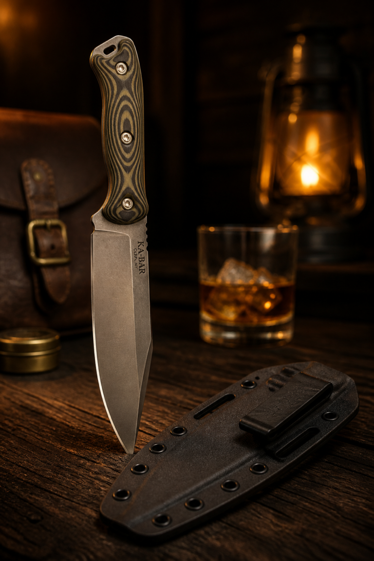 KA-BAR Becker BK25C Outpost fixed-blade knife standing upright on a wood table beside its black Kydex sheath, leather bag and bourbon glass softly lit in the background