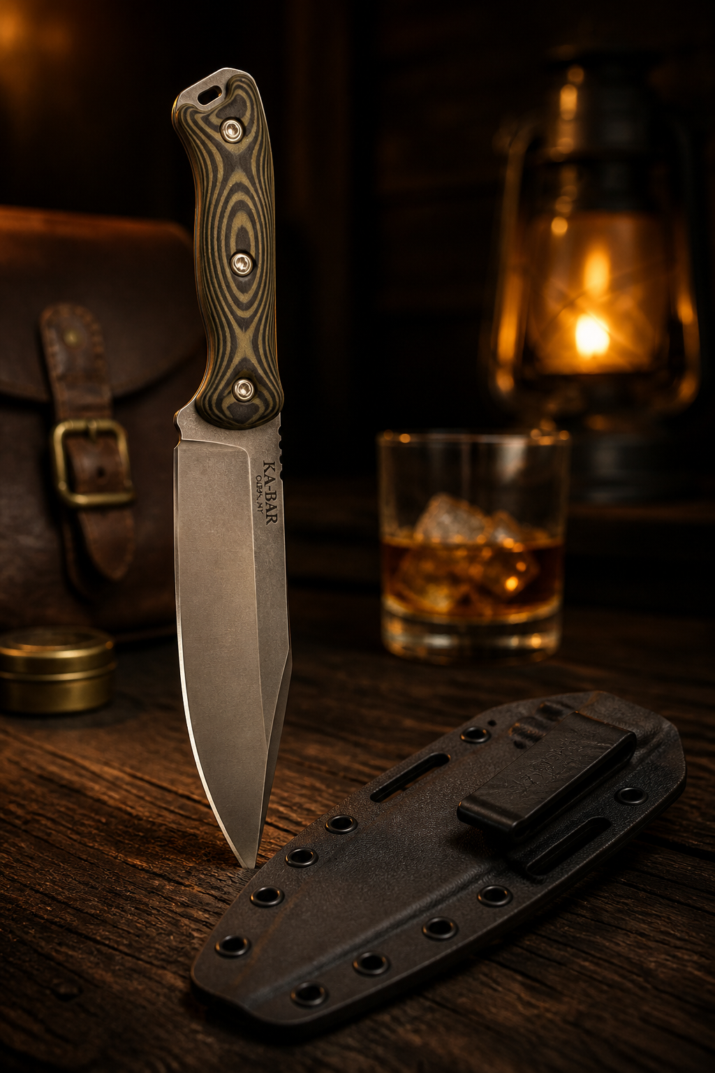 KA-BAR Becker BK25C Outpost fixed-blade knife standing upright on a wood table beside its black Kydex sheath, leather bag and bourbon glass softly lit in the background