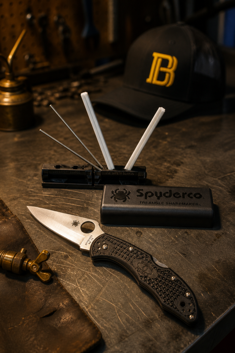 Spyderco Delica 4 and Tri-Angle Sharpmaker on a worn metal workshop bench, Brass & Bourbon cap in the background