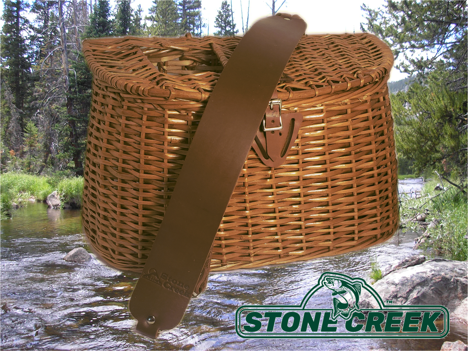 Stone Creek Classic Split Willow Creel with full leather shoulder harness, real Amazon listing photo