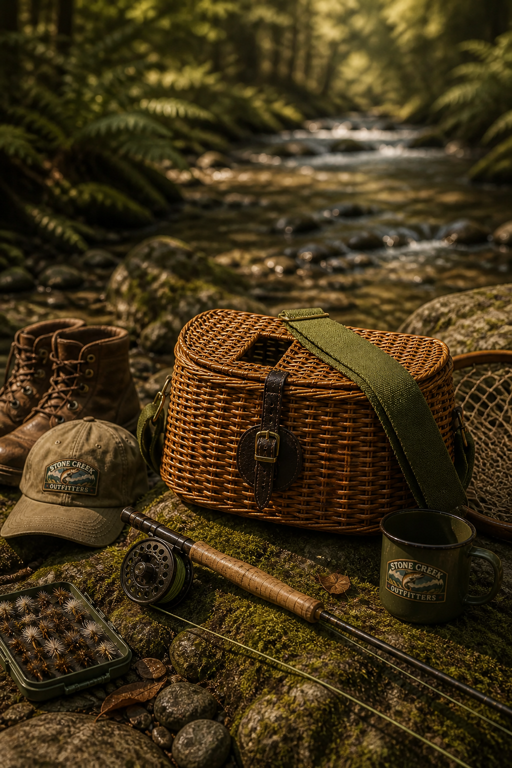 Wicker fishing creel with leather buckle and shoulder strap beside a fly rod, boots, and gear on mossy rocks along a forest stream