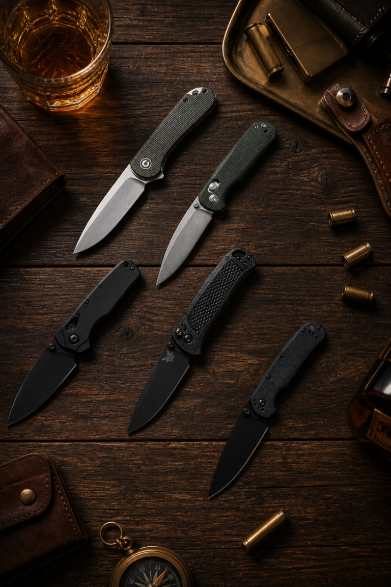 Five EDC folding knives arranged on a dark wood table -- CJRB Maximal, CIVIVI Elementum, Benchmade Bugout, Ontario RAT-1, and Kershaw Bel Air