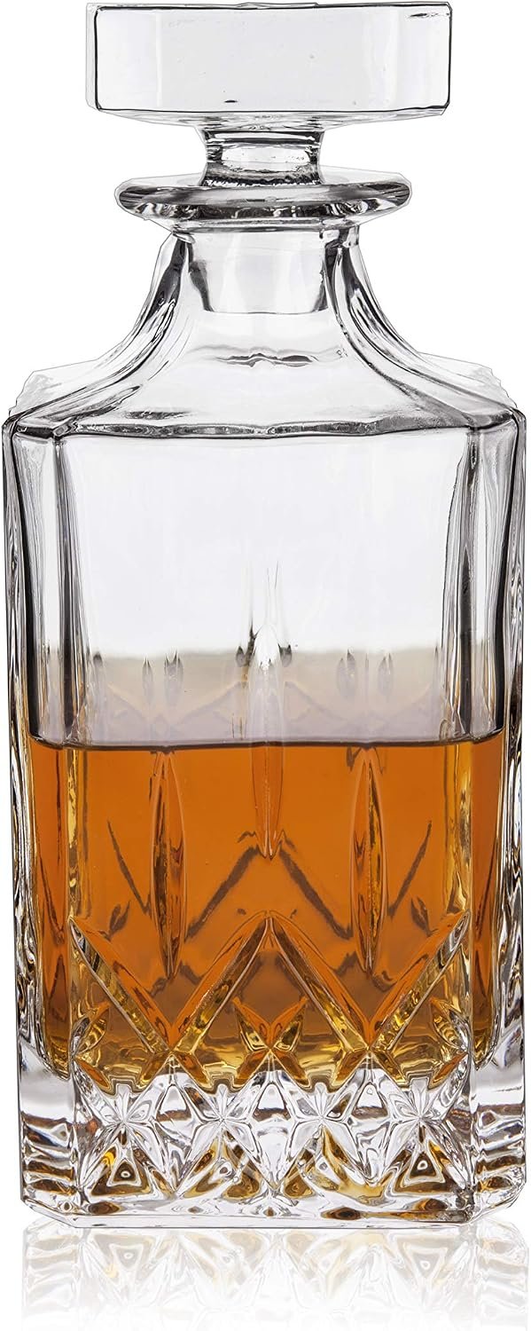 Viski Admiral crystal whiskey decanter, faceted crosshatch cut, filled with bourbon, real Amazon listing photo
