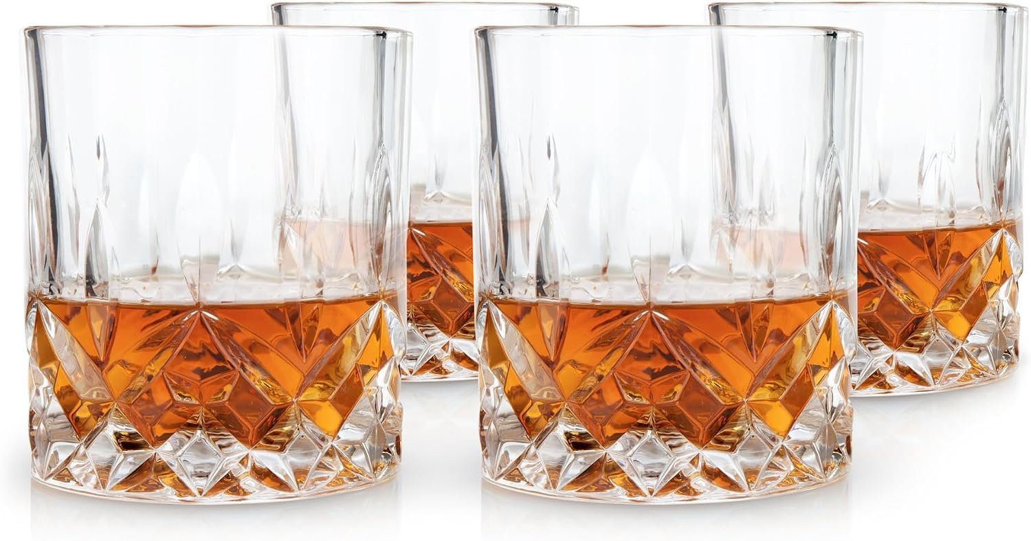 Viski Admiral crystal whiskey tumblers, set of 4, matching faceted crosshatch cut, real Amazon listing photo