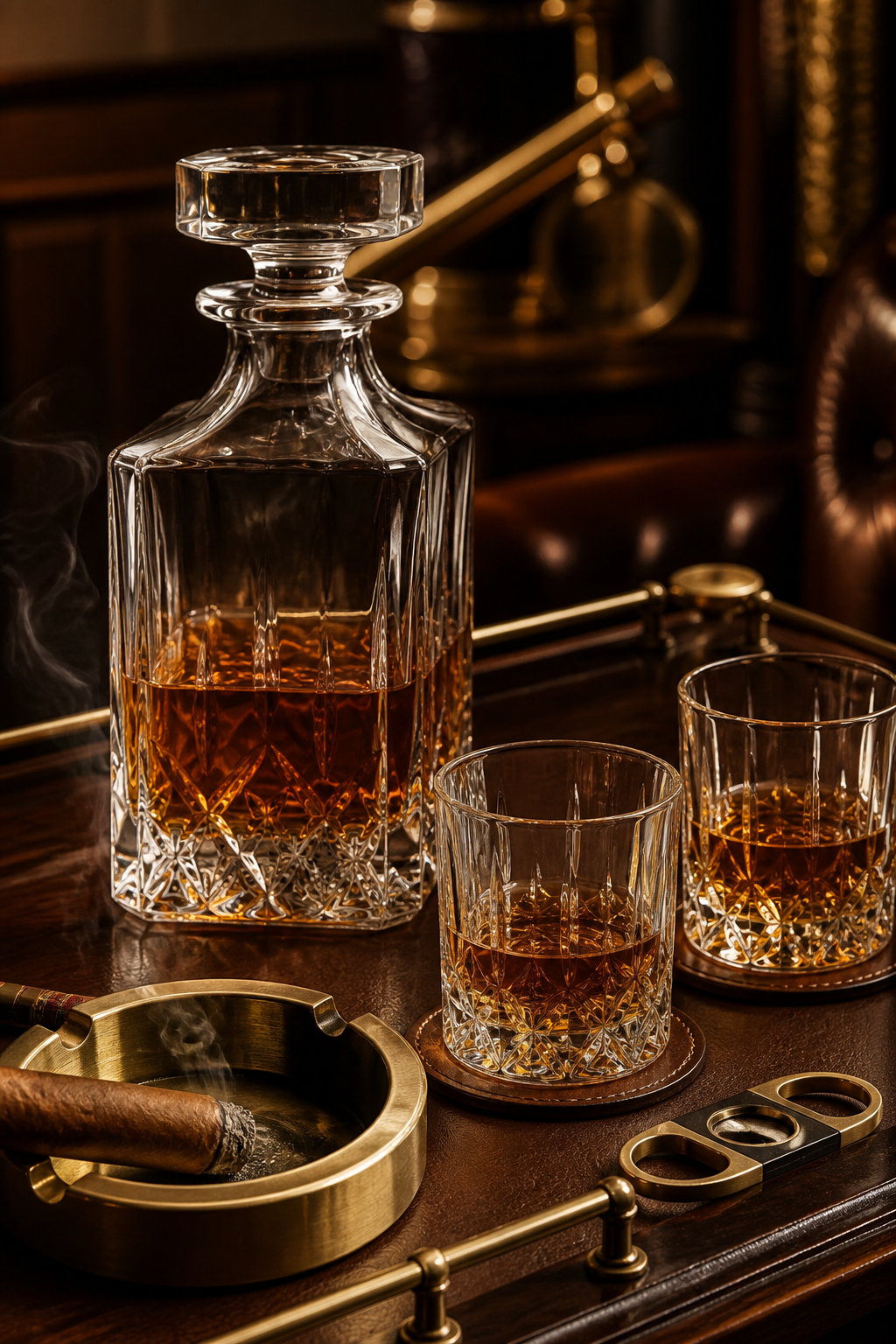 Crystal whiskey decanter and two glasses on a brass bar cart, cigar and ashtray beside them, warm low light